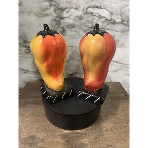 Clay Art Chili Pepper Salt and Pepper Shakers - Red Yellow Green Black 5-¼” Tall